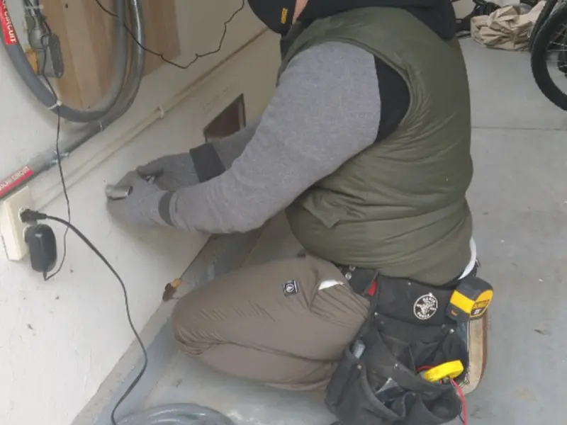 Electrician performing outlet wiring in a Allenstown garage